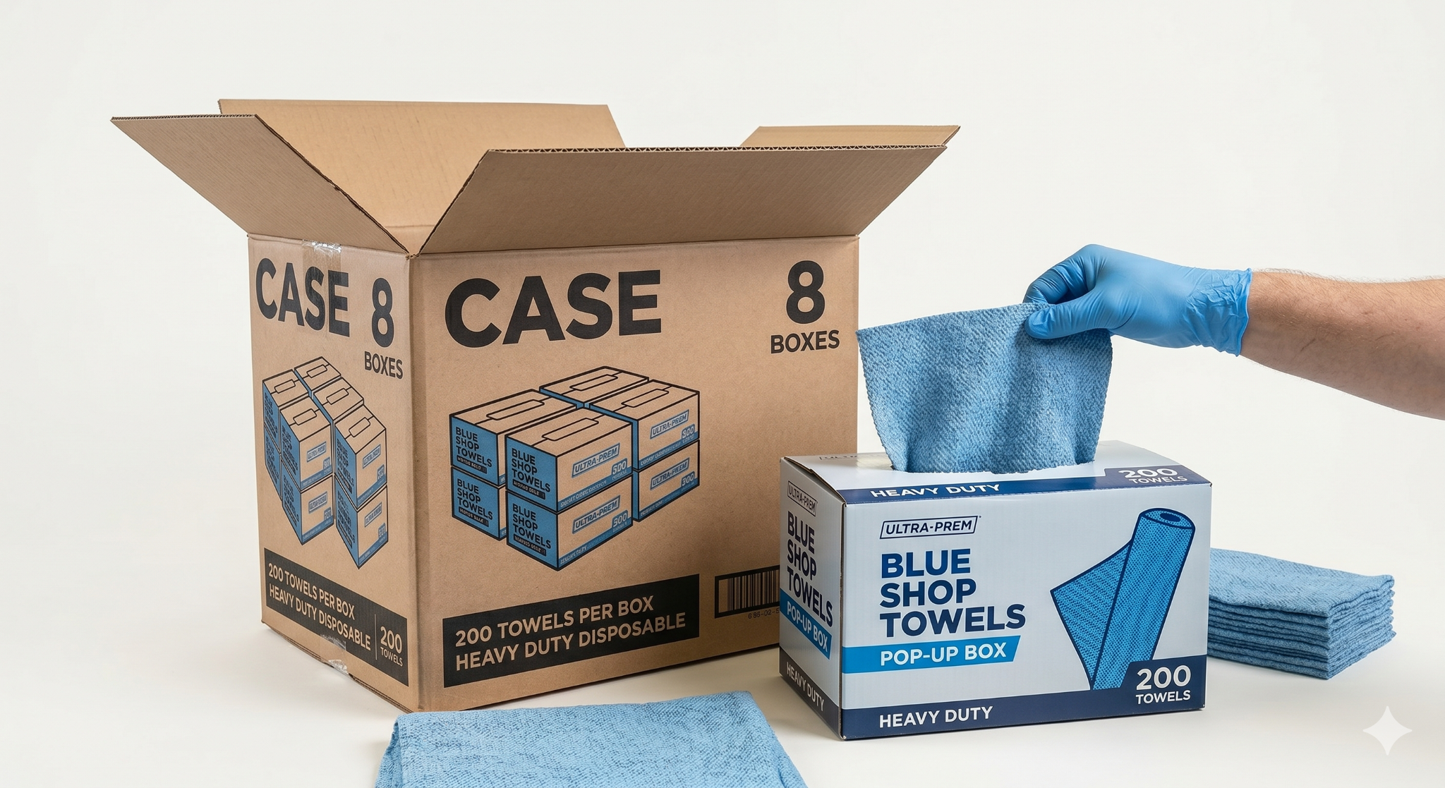 case of blue shop towels